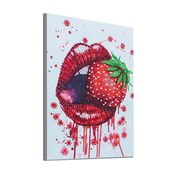 Rode Lippen Eten Aardbei Speciaal Gevormde Boren Diamond Painting