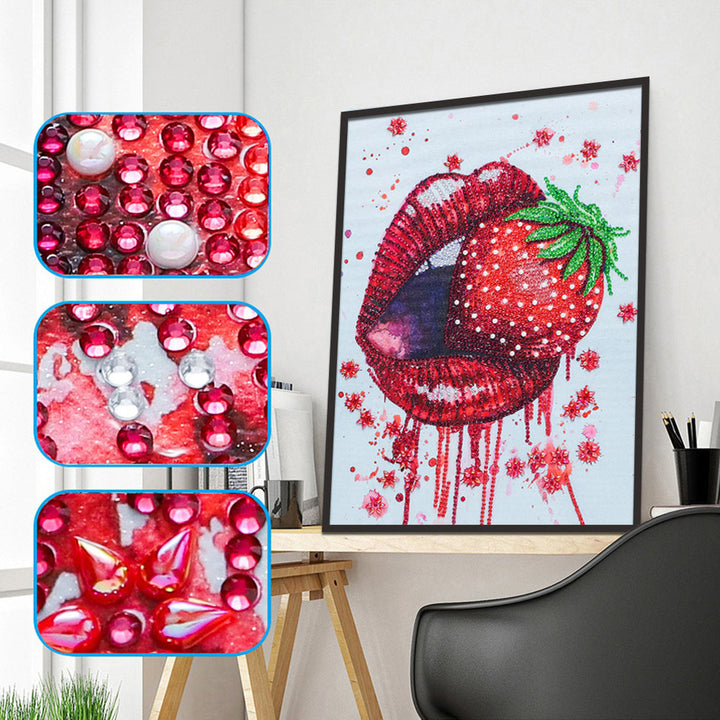 Rode Lippen Eten Aardbei Speciaal Gevormde Boren Diamond Painting