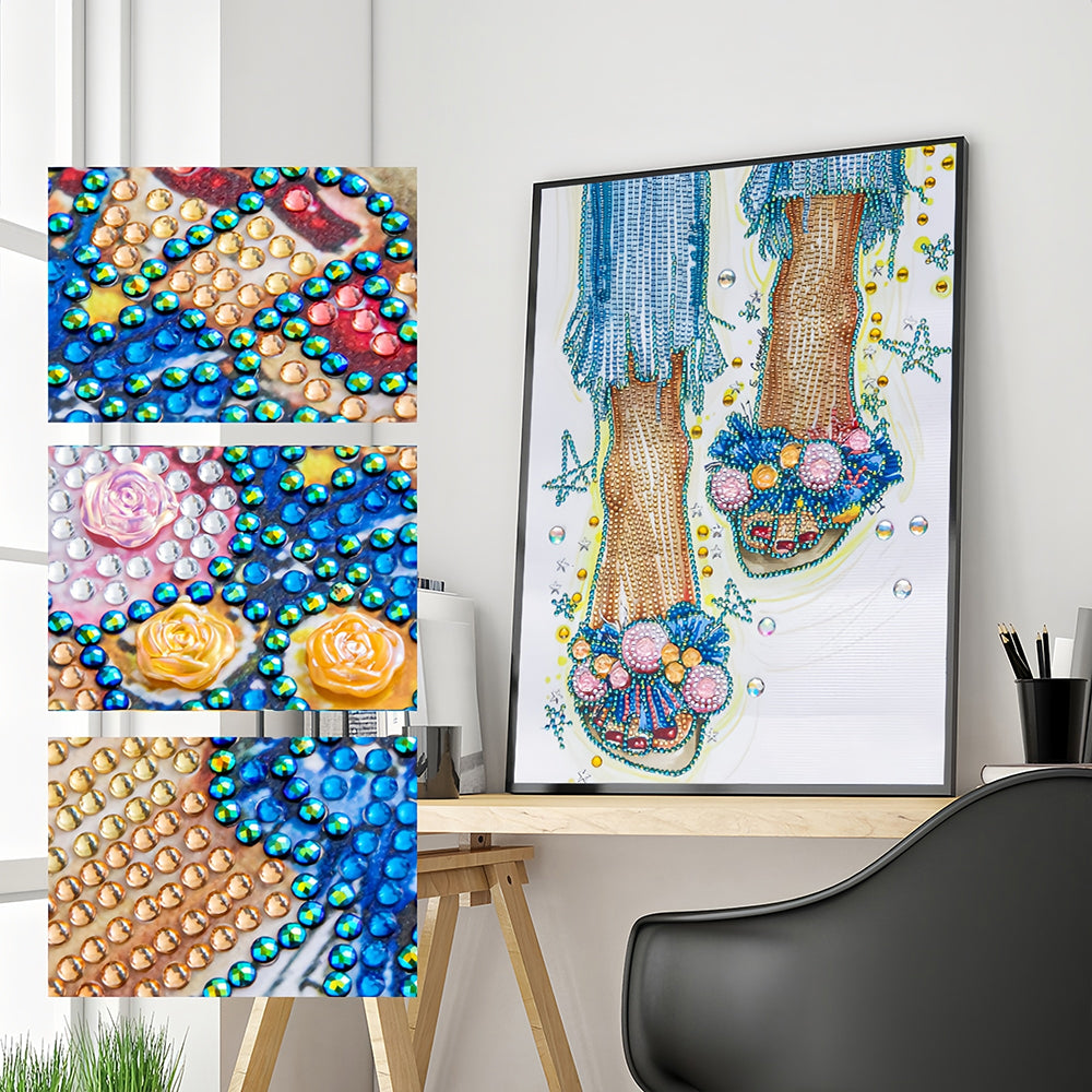 Meisje dat Bloemenpantoffels Draagt Speciaal Gevormde Boren Diamond Painting