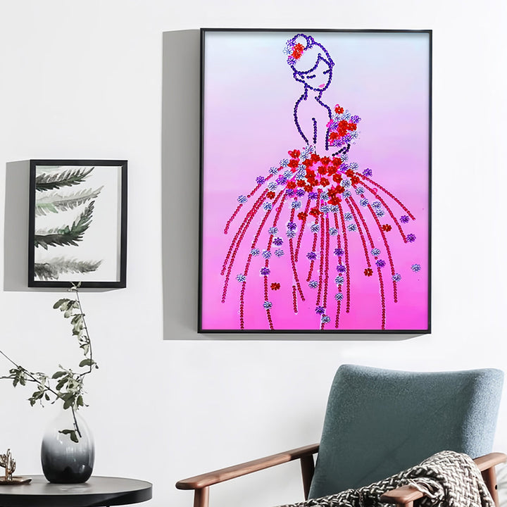 Vrouw in Roze Bloemenjurk Speciaal Gevormde Boren Diamond Painting