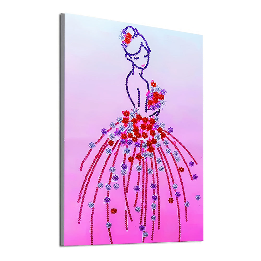 Vrouw in Roze Bloemenjurk Speciaal Gevormde Boren Diamond Painting