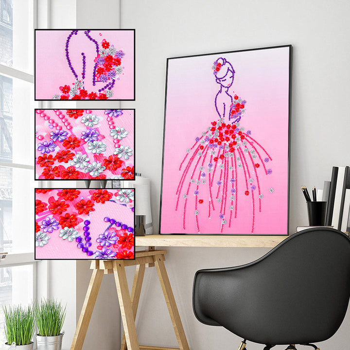 Vrouw in Roze Bloemenjurk Speciaal Gevormde Boren Diamond Painting