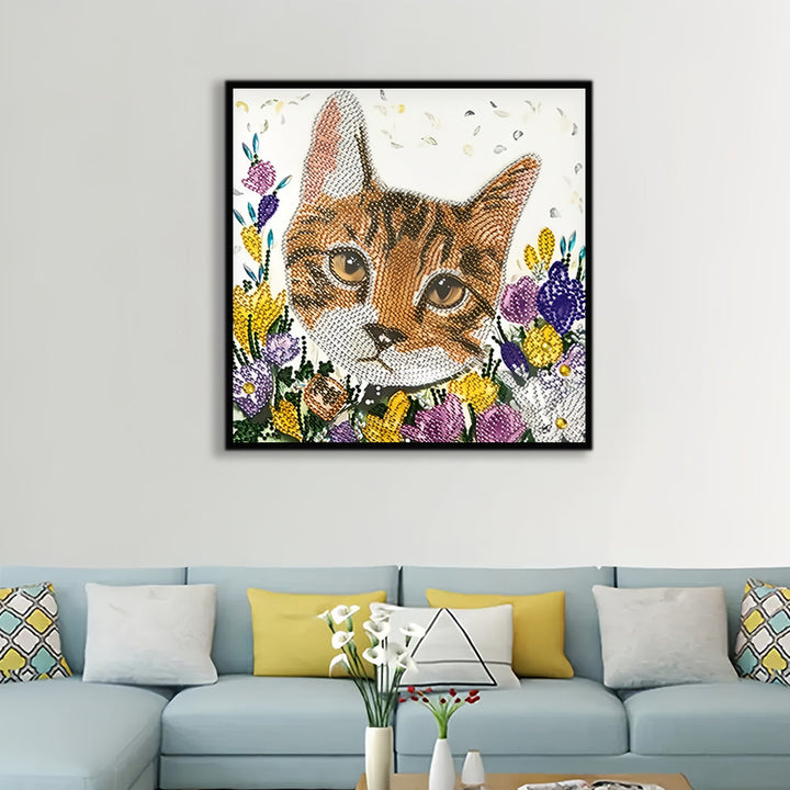 Oranje Kat tussen Bloemen Speciaal Gevormde Boren Diamond Painting