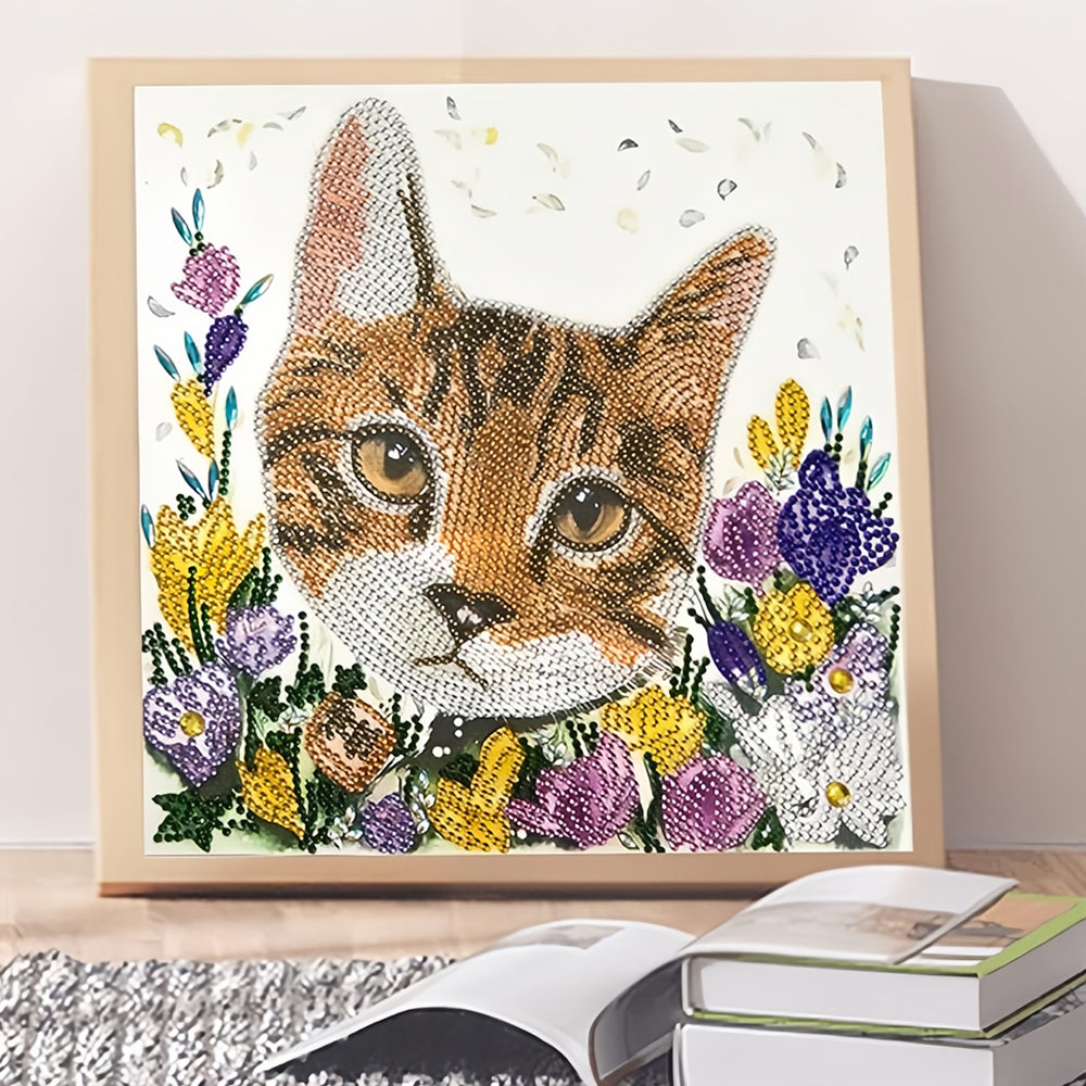 Oranje Kat tussen Bloemen Speciaal Gevormde Boren Diamond Painting