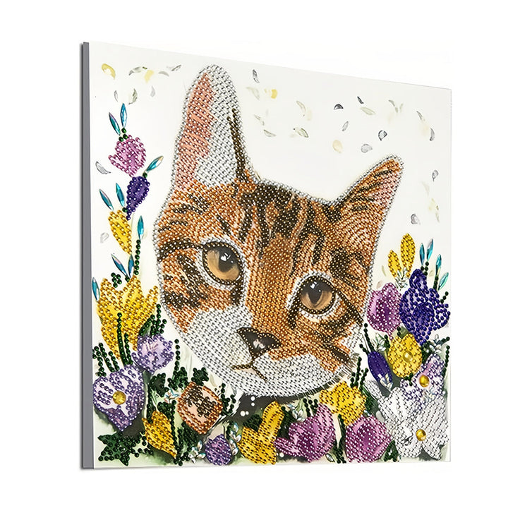 Oranje Kat tussen Bloemen Speciaal Gevormde Boren Diamond Painting