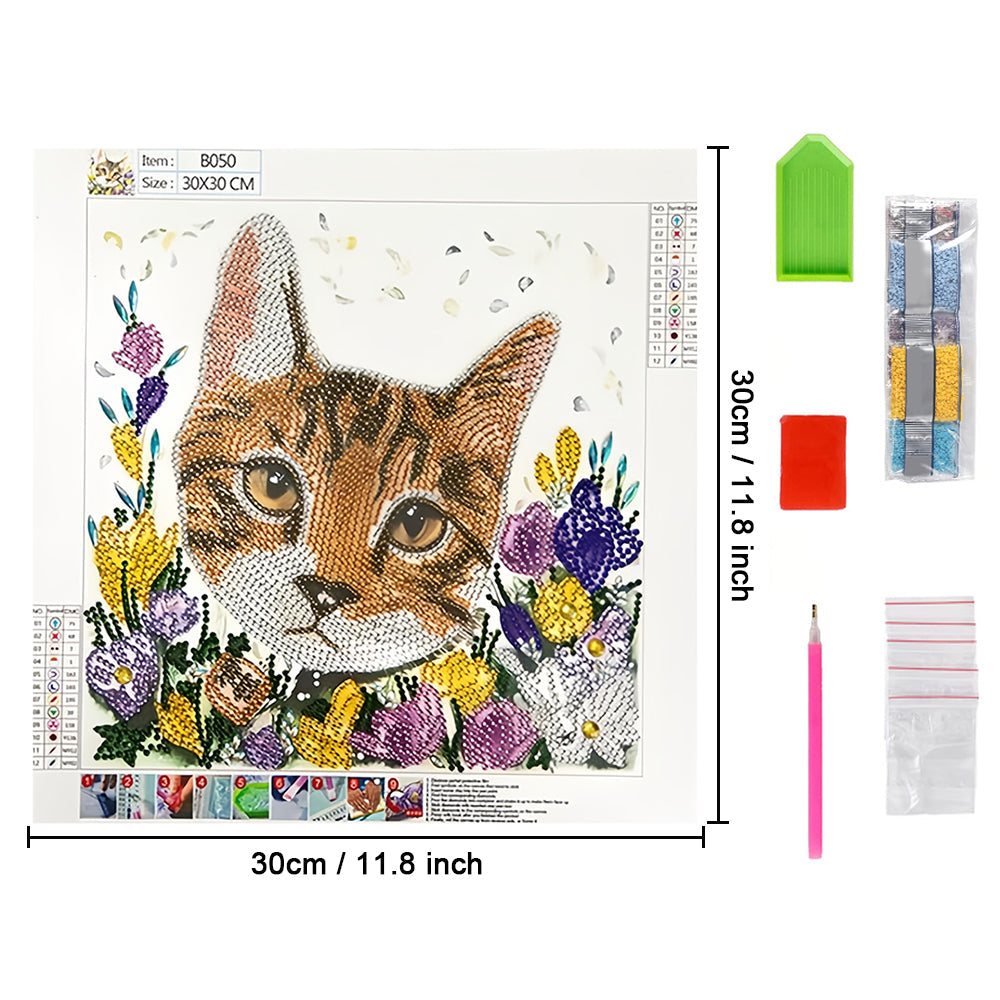 Oranje Kat tussen Bloemen Speciaal Gevormde Boren Diamond Painting