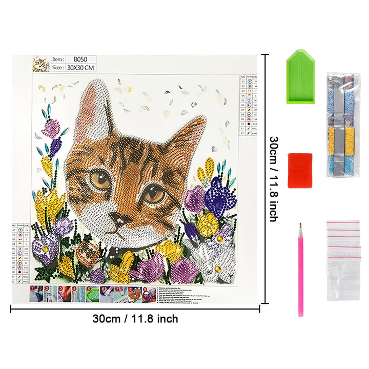 Oranje Kat tussen Bloemen Speciaal Gevormde Boren Diamond Painting