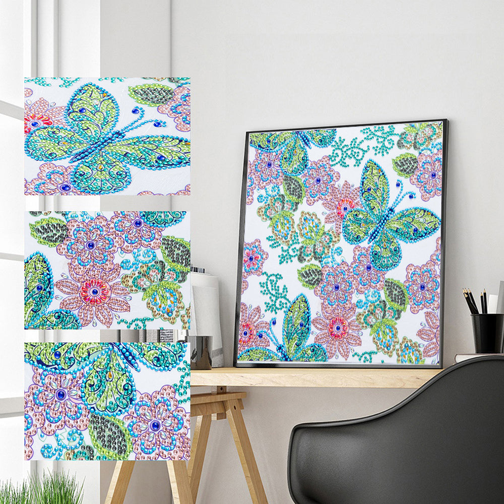 Groene Vlinder en Roze Bloemen Speciaal Gevormde Boren Diamond Painting