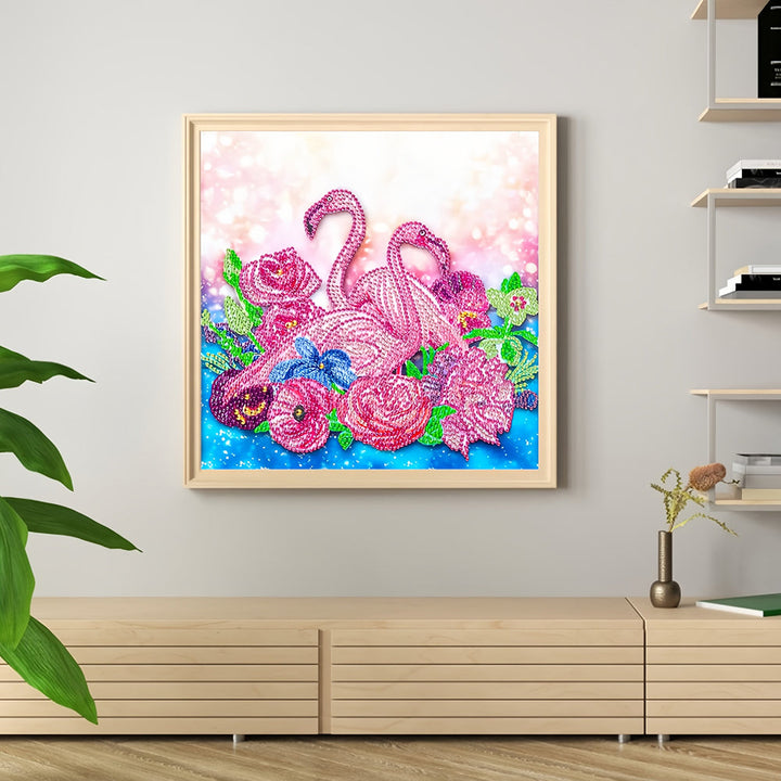 Roze Flamingo's en Bloemen Speciaal Gevormde Boren Diamond Painting