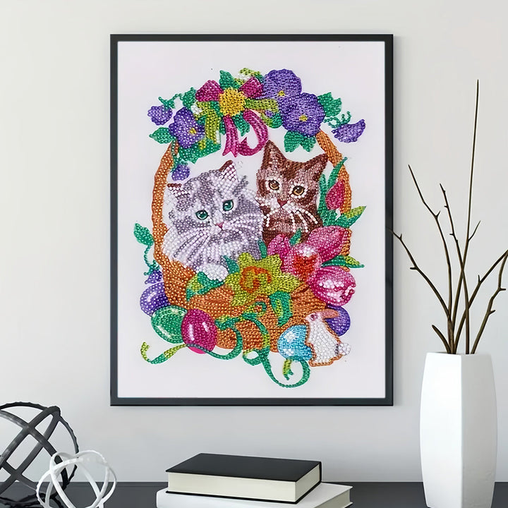 Katten in Bloemenmand Speciaal Gevormde Boren Diamond Painting