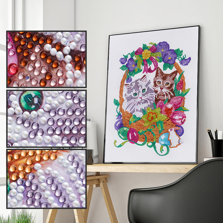 Katten in Bloemenmand Speciaal Gevormde Boren Diamond Painting