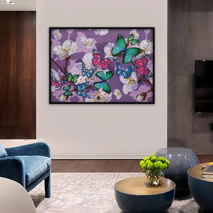 Kleurrijke Vlinders en Witte Bloemen Speciaal Gevormde Boren Diamond Painting