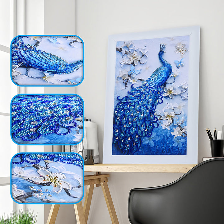 Blauwe Pauw en Orchidee Speciaal Gevormde Boren Diamond Painting