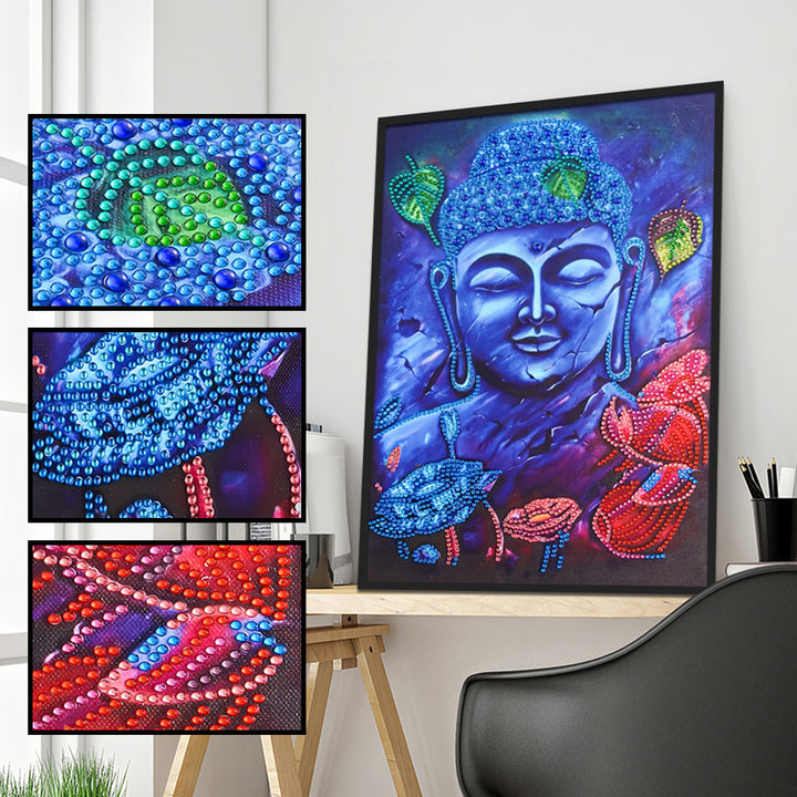 Blauw Boeddhabeeld Speciaal Gevormde Boren Diamond Painting