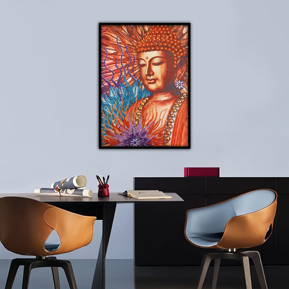 Oranje Boeddhabeeld en Lotus Speciaal Gevormde Boren Diamond Painting