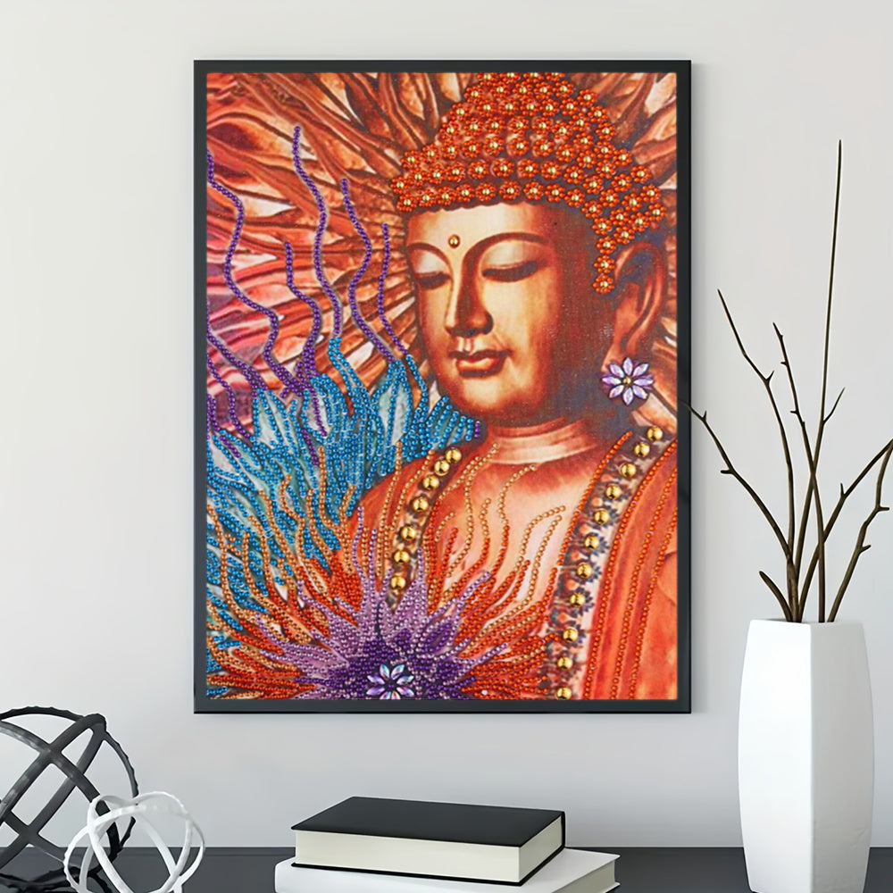 Oranje Boeddhabeeld en Lotus Speciaal Gevormde Boren Diamond Painting