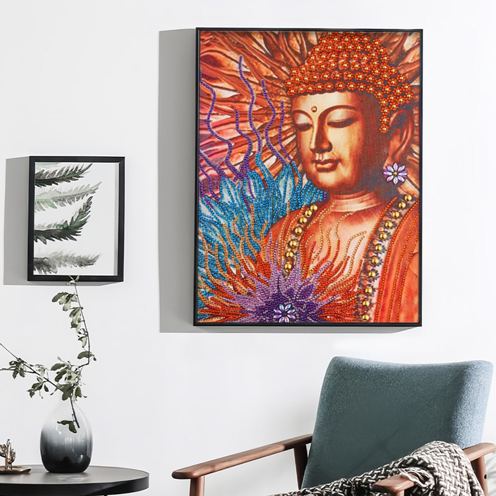 Oranje Boeddhabeeld en Lotus Speciaal Gevormde Boren Diamond Painting