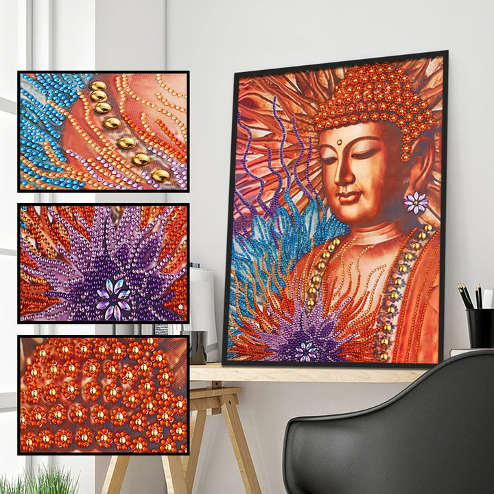 Oranje Boeddhabeeld en Lotus Speciaal Gevormde Boren Diamond Painting