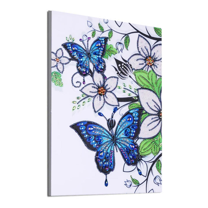 Blauwe Vlinder en Witte Bloemen Speciaal Gevormde Boren Diamond Painting