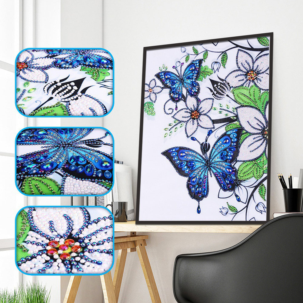 Blauwe Vlinder en Witte Bloemen Speciaal Gevormde Boren Diamond Painting