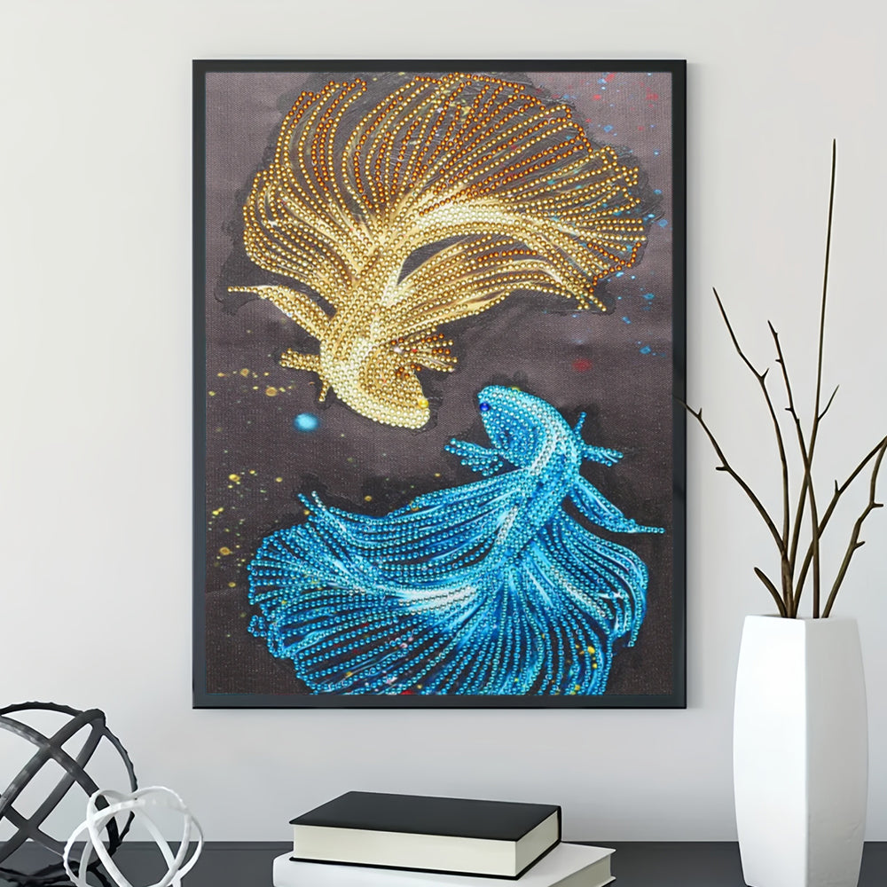 Gouden en Blauwe Vissen Speciaal Gevormde Boren Diamond Painting