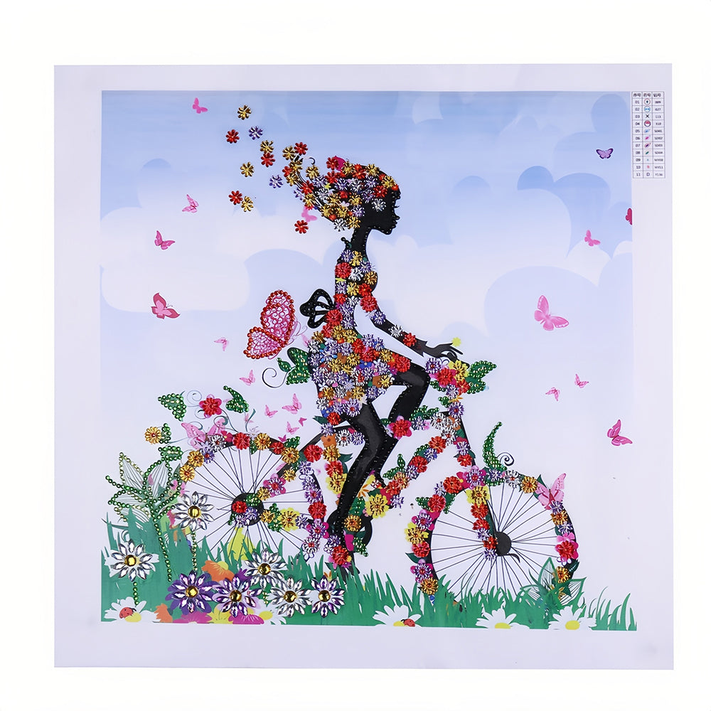 Meisje op Bloemen Fiets Speciaal Gevormde Boren Diamond Painting