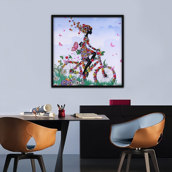 Meisje op Bloemen Fiets Speciaal Gevormde Boren Diamond Painting