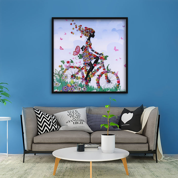 Meisje op Bloemen Fiets Speciaal Gevormde Boren Diamond Painting