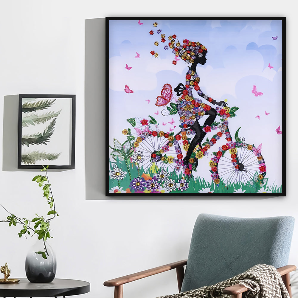 Meisje op Bloemen Fiets Speciaal Gevormde Boren Diamond Painting