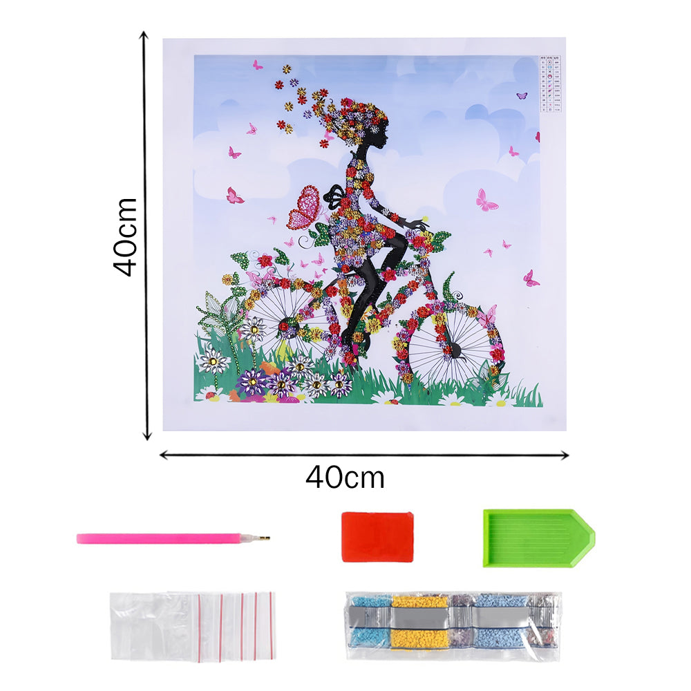 Meisje op Bloemen Fiets Speciaal Gevormde Boren Diamond Painting