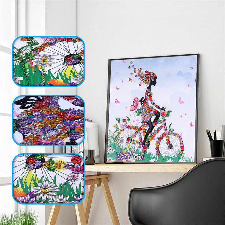 Meisje op Bloemen Fiets Speciaal Gevormde Boren Diamond Painting