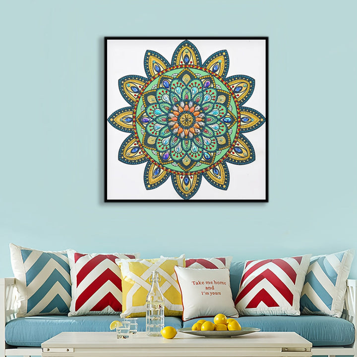 Gele en Groene Mandala Bloem Speciaal Gevormde Boren Diamond Painting