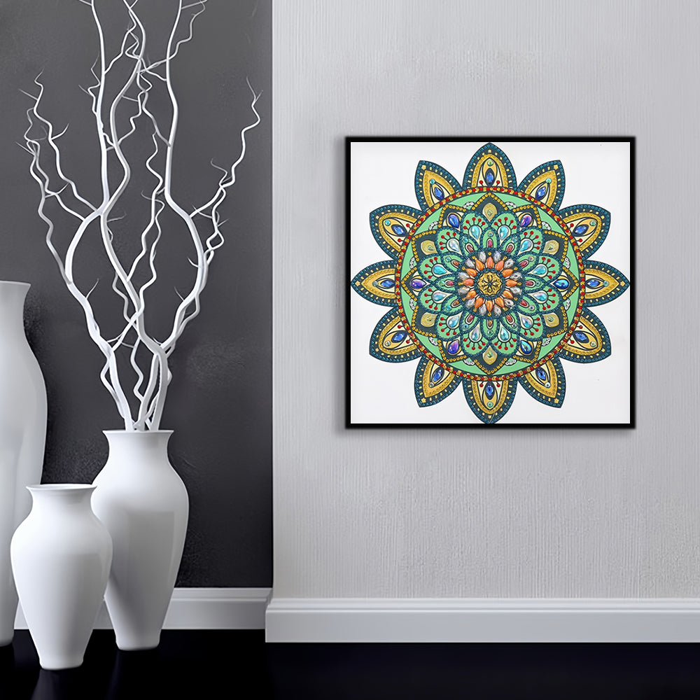 Gele en Groene Mandala Bloem Speciaal Gevormde Boren Diamond Painting