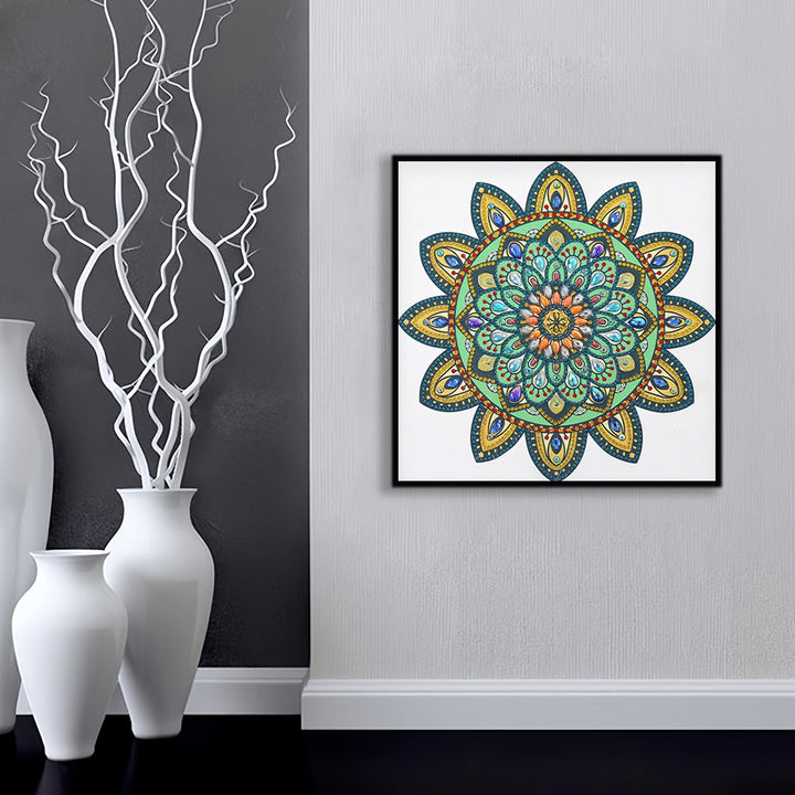 Gele en Groene Mandala Bloem Speciaal Gevormde Boren Diamond Painting