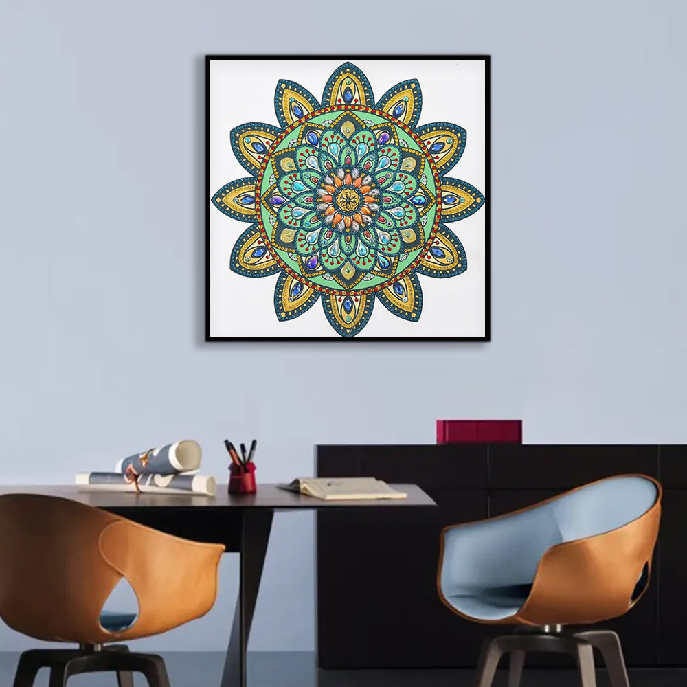 Gele en Groene Mandala Bloem Speciaal Gevormde Boren Diamond Painting