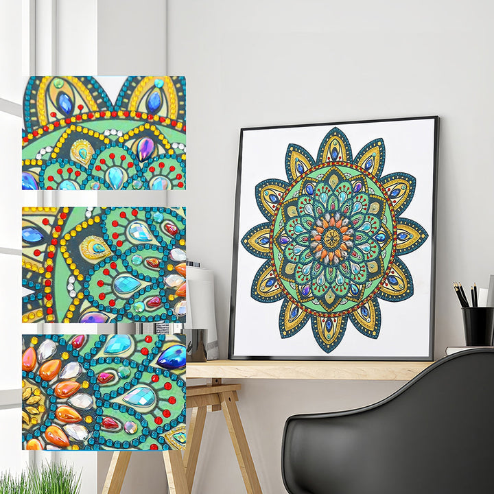 Gele en Groene Mandala Bloem Speciaal Gevormde Boren Diamond Painting