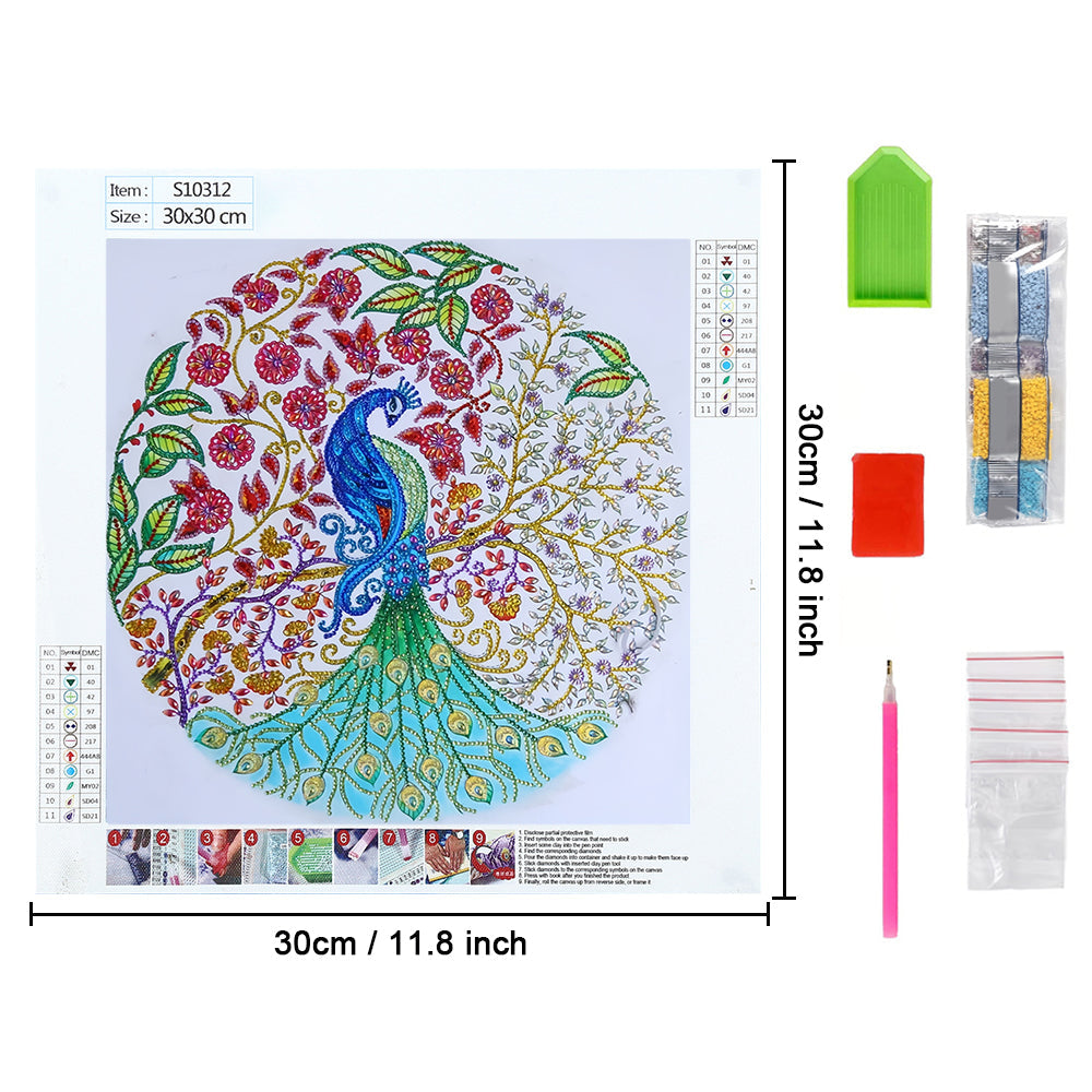 Pauw en Boom met Bloemen Speciaal Gevormde Boren Diamond Painting