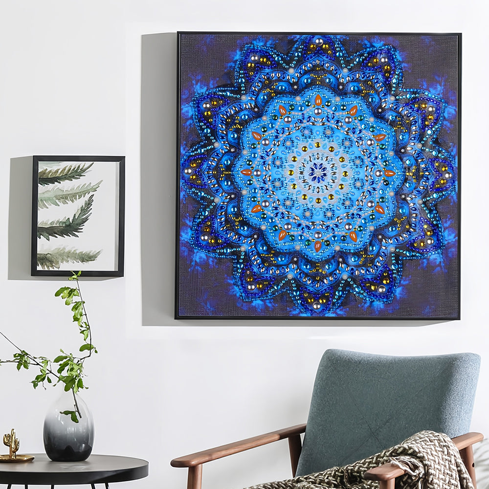 Glimmende Blauwe Mandala Speciaal Gevormde Boren Diamond Painting