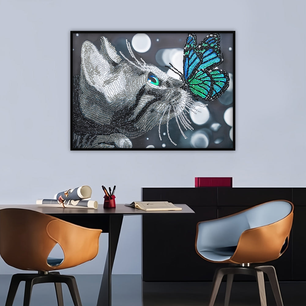 Kat en Blauwe Vlinder Speciaal Gevormde Boren Diamond Painting