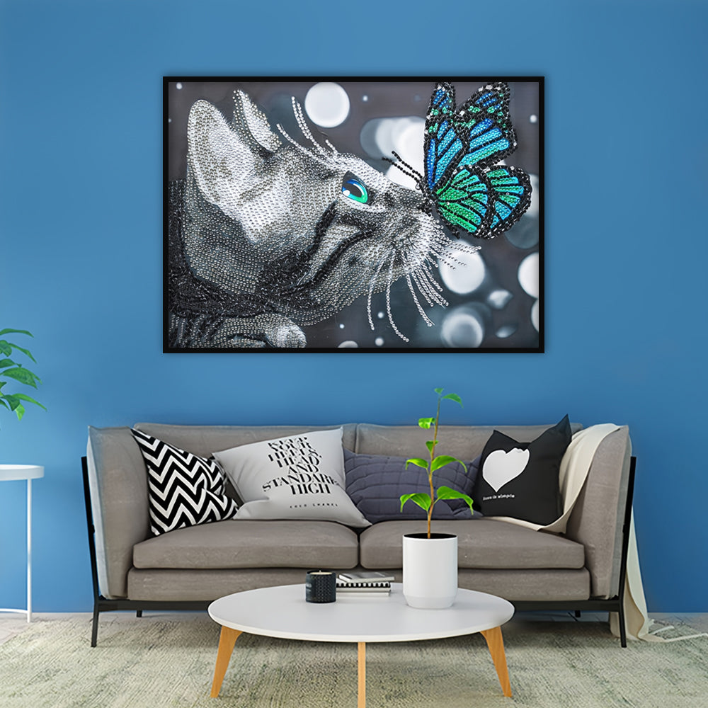 Kat en Blauwe Vlinder Speciaal Gevormde Boren Diamond Painting