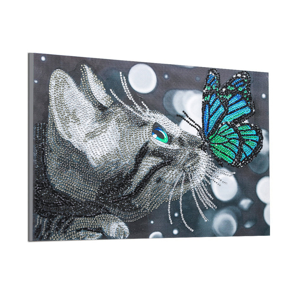 Kat en Blauwe Vlinder Speciaal Gevormde Boren Diamond Painting