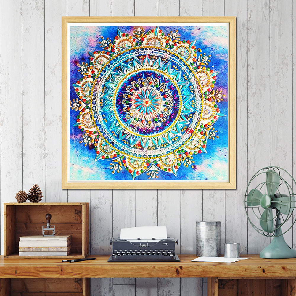 Gouden en Blauwe Lotus Mandala Speciaal Gevormde Boren Diamond Painting