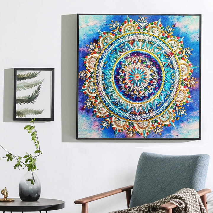 Gouden en Blauwe Lotus Mandala Speciaal Gevormde Boren Diamond Painting