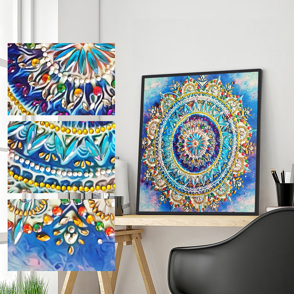 Gouden en Blauwe Lotus Mandala Speciaal Gevormde Boren Diamond Painting