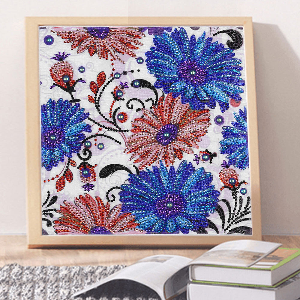 Blauwe en Rode Bloemen Speciaal Gevormde Boren Diamond Painting