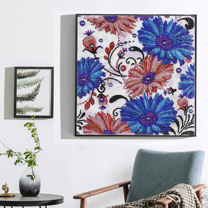 Blauwe en Rode Bloemen Speciaal Gevormde Boren Diamond Painting