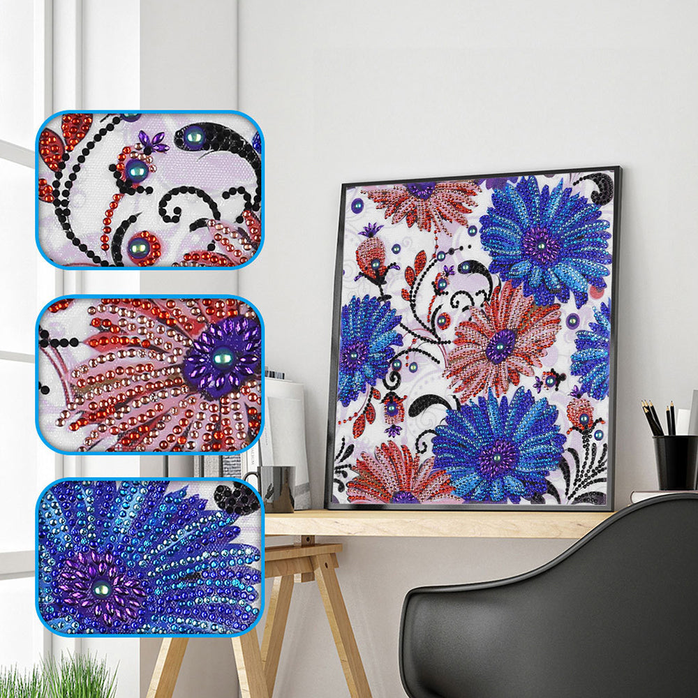 Blauwe en Rode Bloemen Speciaal Gevormde Boren Diamond Painting