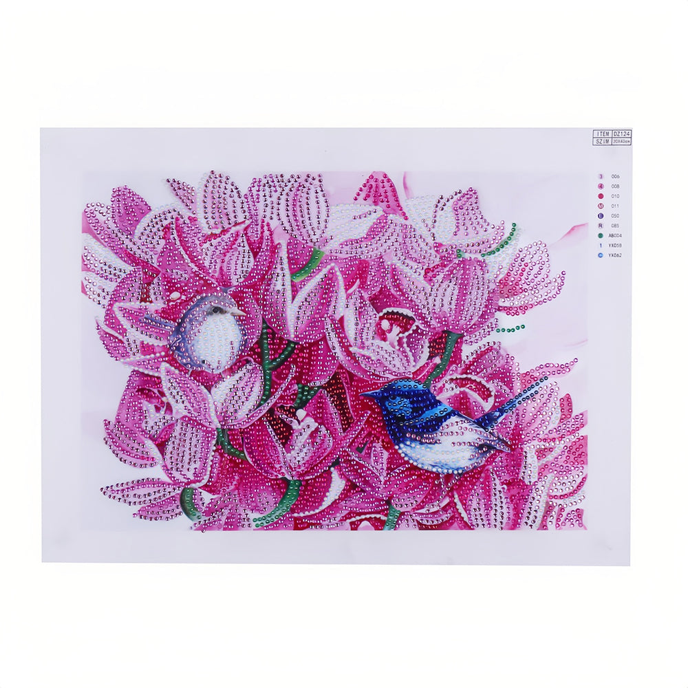 Vogels tussen Roze Bloemen Speciaal Gevormde Boren Diamond Painting