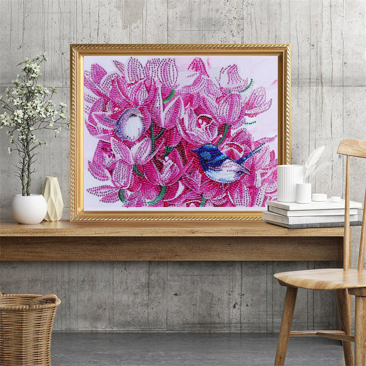 Vogels tussen Roze Bloemen Speciaal Gevormde Boren Diamond Painting