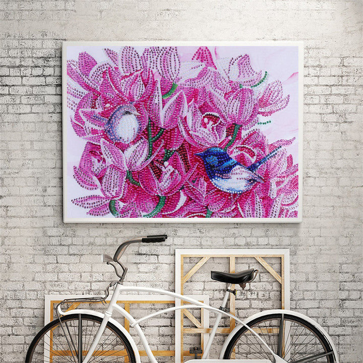 Vogels tussen Roze Bloemen Speciaal Gevormde Boren Diamond Painting